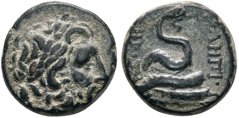 Ancient Greek coin from Pergamon, Mysia 133-27 BC - Asklepios
